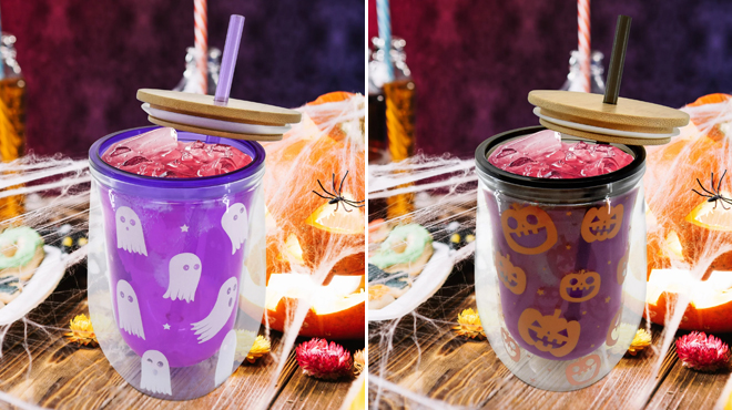 Halloween Ghost and Pumpkin Double Wall Insulated Tumbler with Bamboo Lid Plastic Straw and