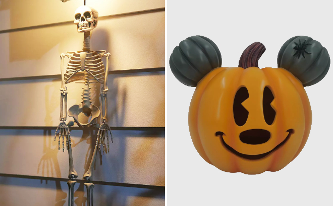 Halloween Oversized Skeleton Wall Decor and Disney Mickey Mouse Halloween Cut Out Pumpkin