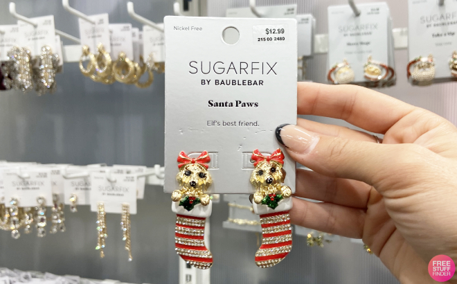 Hand Holding Sugarfix by Baublebar Santa Paws Earrings