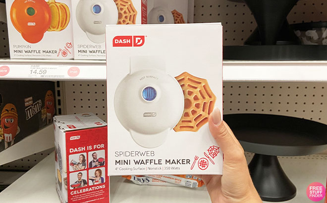 Hand Holding a Dash Spider Web Mini Waffle Maker