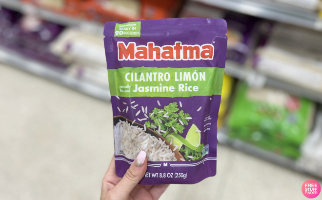 Hand Holding a Mahatma Ready to Heat Cilantro Lime Jasmine Rice Rice Pouch