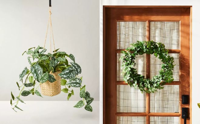 Heart and Hand with Magnolia Faux Variegated Pothos Hanging Plant on the Left Side and Heart and Hand with Magnolia Faux Gypsophila Wreath on the Right Side
