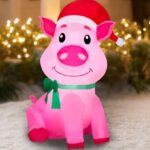 Holiday Time 3 5 Foot Christmas Pig in Santa Hat Inflatable