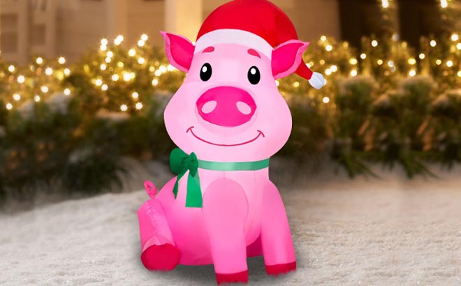 Holiday Time 3 5 Foot Christmas Pig in Santa Hat Inflatable