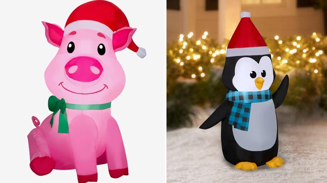 Holiday Time 3 5 Foot Christmas Pig in Santa Hat and Christmas Penguin Inflatables