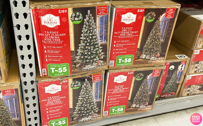 Holiday Time 7 5 Foot Pre Lit Christmas Trees on a Shelf at Walmart Store