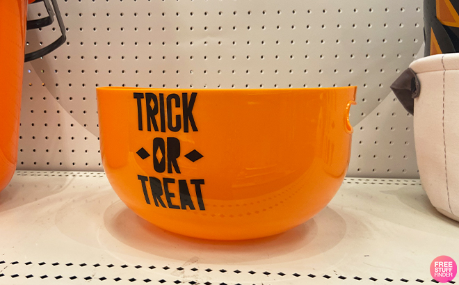 Hyde EEK Trick or Treat Halloween Plastic Candy Bowl on a Shelf