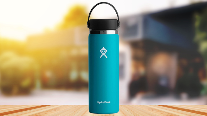 Hydro Flask Wide Mouth 20 Ounce Laguna Color on a Wooden Table