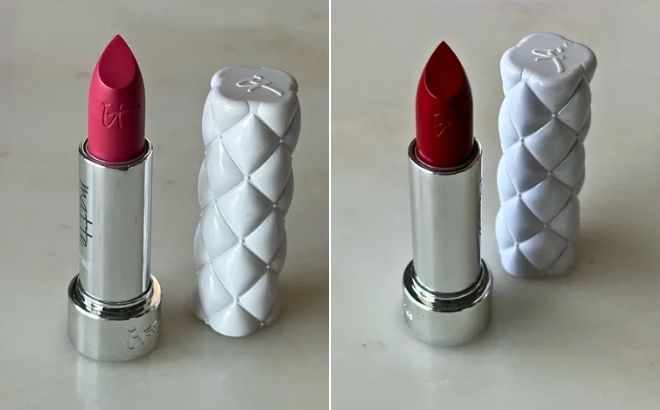 IT Cosmetics Pillow Lips Collagen Infused Lipstick in Marvelous Cream Shade on the Left side and in Stellar Cream on the Right Side