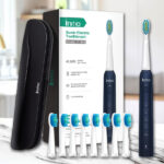 Initio Sonic Electric Toothbrush with 8 Brush Heads Travel Case on Sink Countertop