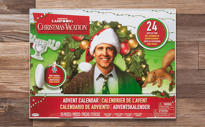 Jakks Holiday Christmas Vacation Advent Calendar on a Wooden Tile Background