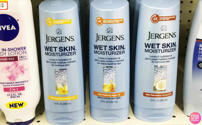 Jergens Wet Skin Moisturizers in a Store Shelf