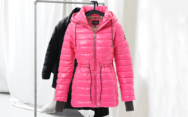 Jessica Simpson Hot Pink Shiny Cire Packable Hooded Puffer Jacket Women