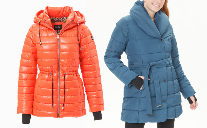 Jessica Simpson Shiny Cire Packable Hooded Puffer Jacket and Teal Blue Belted Long Puffer Coat Women