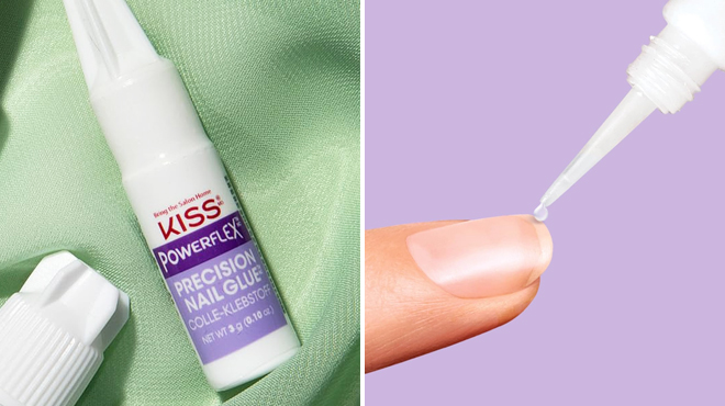 KISS PowerFlex Precision Nail Glue on the Left and Applying the Same Item on Nails on the Right