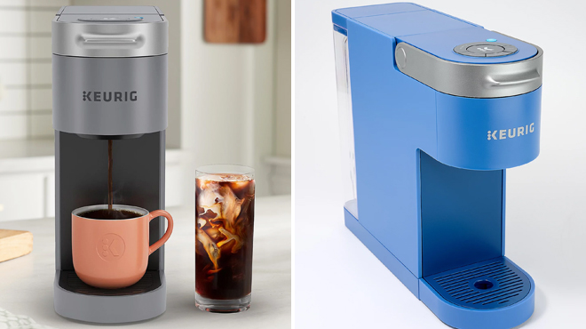 Keurig K Slim Iced Coffee Maker in Grey Color on the Left and Blue Color on the Right