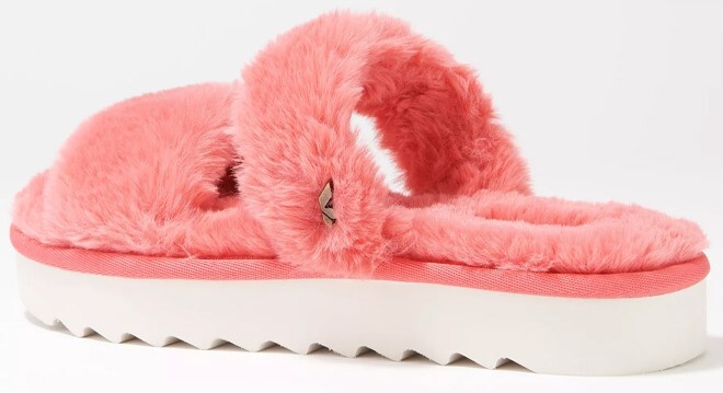 Koolaburra by UGG Faux Fur Slide Sandals Fuzz On in Rose of Sharon Color on the light gray background
