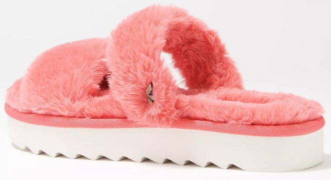 Koolaburra by UGG Faux Fur Slide Sandals Fuzz On in Rose of Sharon Color on the light gray background Koolaburra by UGG Faux Fur Slide Sandals Fuzz On in Rose of Sharon Color on the light gray background