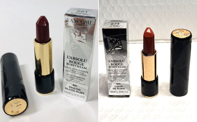 Lancome LAbsolu Rouge Ruby Cream Lipstick in Pigeon Blood Ruby Shade on the Left Side and on the Right Side in Coeur De Rubies Shade