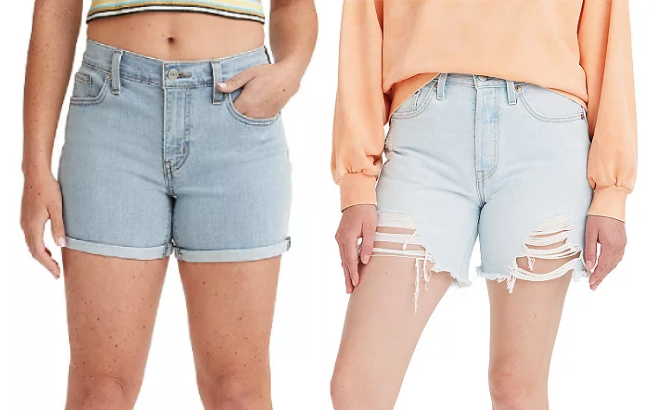 Levis Womens Mid Length Jean Shorts and 501 Mid Thigh Frayed Jean Shorts