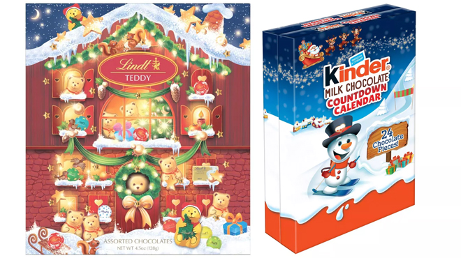 Lindt Holiday Assorted Chocolates Advent Calendar and Kinder Holiday Milk Chocolate Countdown Calendar