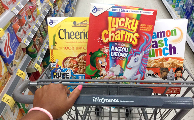 Lucky Charms Cereals in a Cart at Walgreens