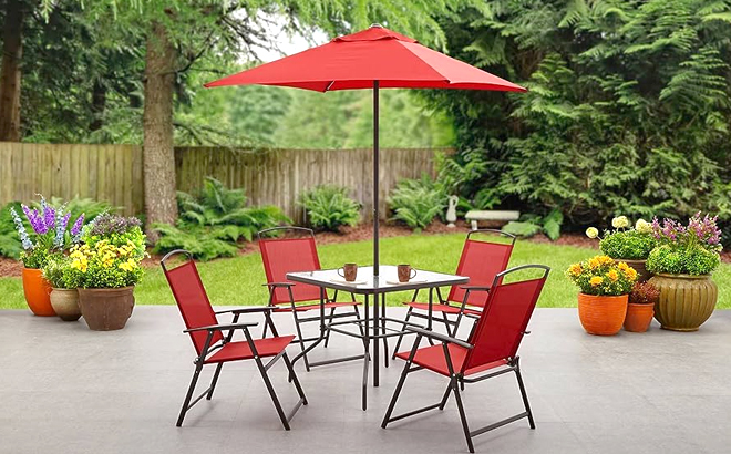 Mainstays Albany Lane 6 Piece Outdoor Patio Dining Set in Red Color Mainstays Albany Lane 6 Piece Outdoor Patio Dining Set in Red Color