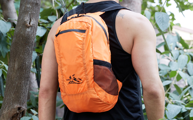 Man Wearing Hikeback Lightweight Packable Backpack in Orange Color Man Wearing Hikeback Lightweight Packable Backpack in Orange Color