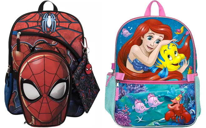 Marvel Spider Man and Disney The Little Mermaid 5 Piece Kids Backpack Sets Marvel Spider Man and Disney The Little Mermaid 5 Piece Kids Backpack Sets