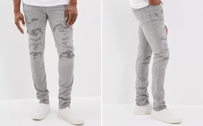 Men Wearing American Eagle Patched Slim Jeans