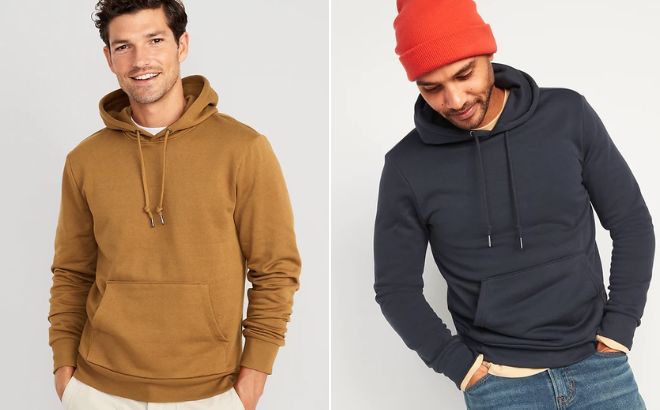 Men are Wearing Old Navy Classic Pullover Hoodie in Bourbon and Morie Navy Color