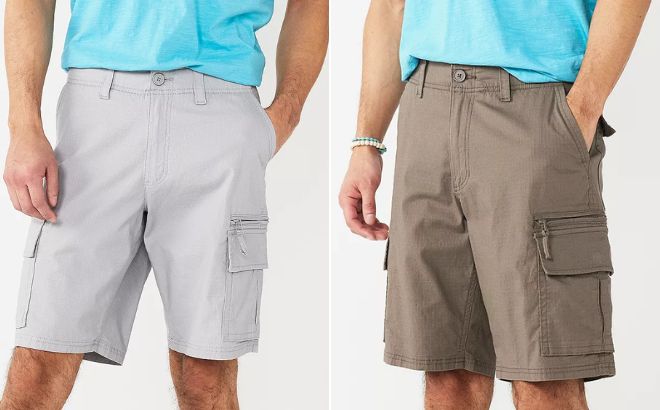 Men is Wearing Sonoma Flexwear Ripstop Cargo Shorts in Light Gray Color on the Left Side and in Kagan Khaki Color on the Right Side
