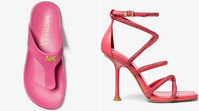 Michael Kors Linsey Logo Rubber T Strap Sandals and Imani Embellished Scuba and Faux Leather Sandals