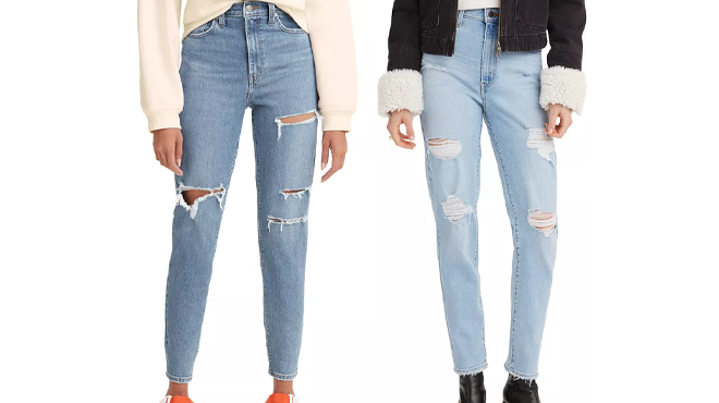 Models Wearing Levis High Waist Casual Mom Jeans and Womens High Waist Mom Jeans in Short Length