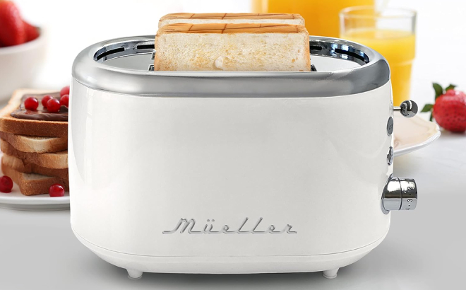 Mueller Retro Toaster 2 Slice with 7 Browning Levels and 3 Functions:  Reheat, Defrost & Cancel, Stainless Steel Features, Removable Crumb Tray,  Under