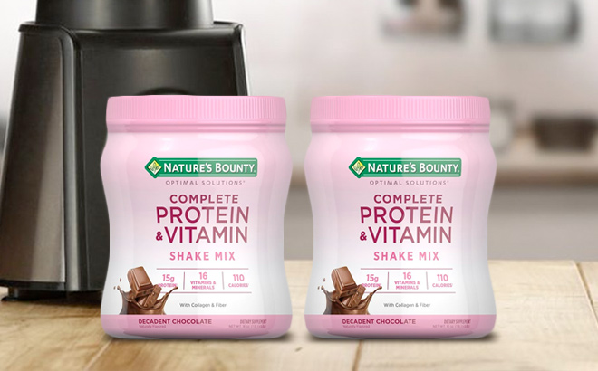 Natures Bounty Complete Protein Vitamin Shake Mix with Collagen Fiber Two Packs on a Kitchen Counter