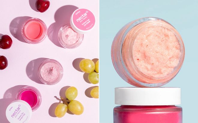 Nectar Bath Treats Mix Match Lip Duo on the Pink Background on the Left and on Blue Background on the Right