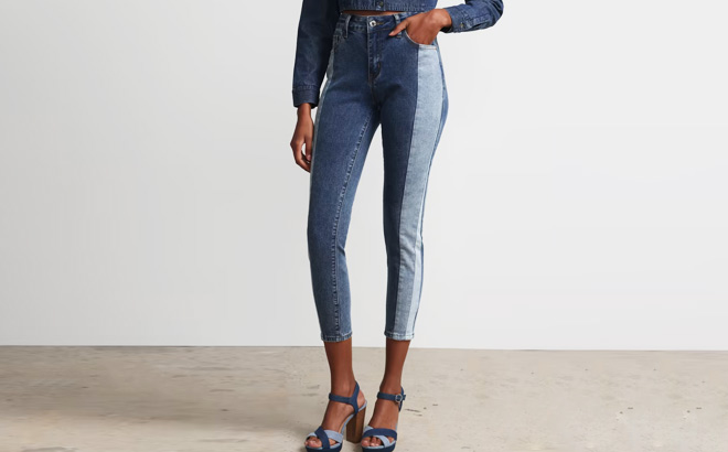 New York & Co. High-Waisted Colorblock Super-Skinny Ankle Jeans
