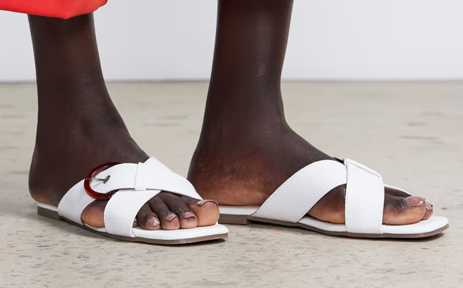 New York Co Womens White Criss Cross Buckle Flat Sandals