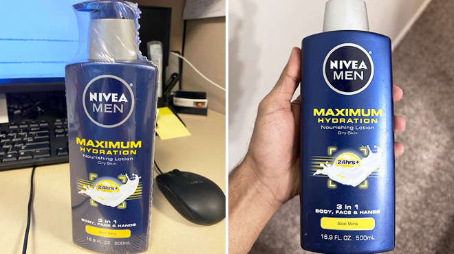 Nivea Men Maximum Hydration Body Lotion on the Left and a Hand Holding the Same Item on the Right