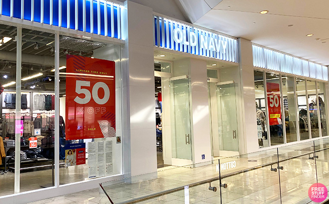 Old Navy Storefront with 50 Off Sign on Windows