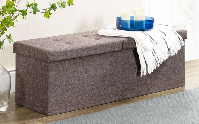 Otto and Ben 45 Inch Storage Ottoman with Smart Lift Top in Brown Color