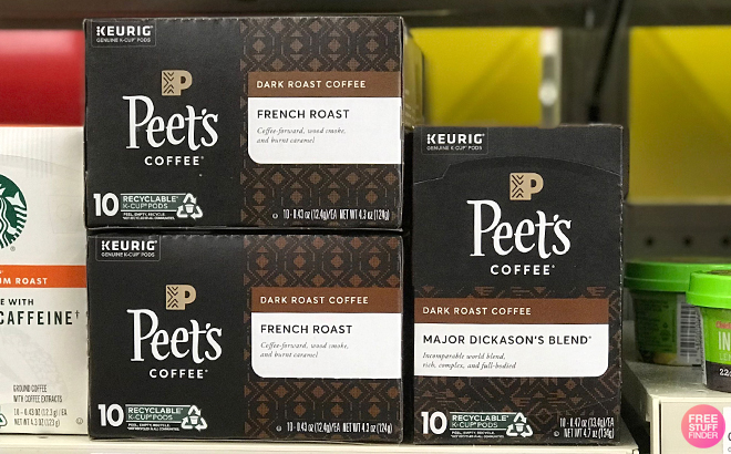 Peets Coffee Dark Roast French Roast and Major Dickasons Blend 10 Count K Cup Pods on a Shelf