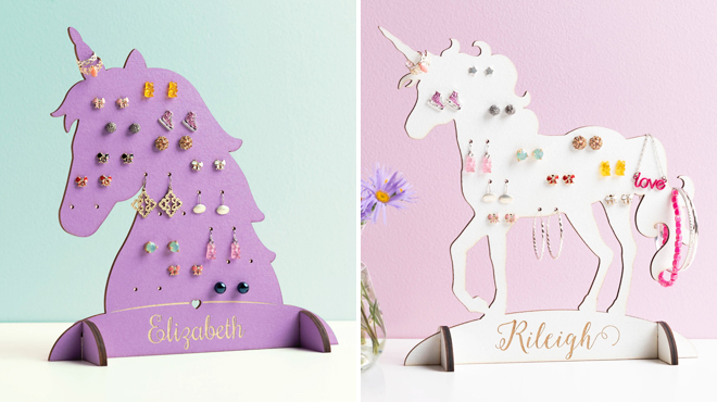 Personalized Planet Purple Unicorn Earring Holder on the Left and White Unicorn on the Right