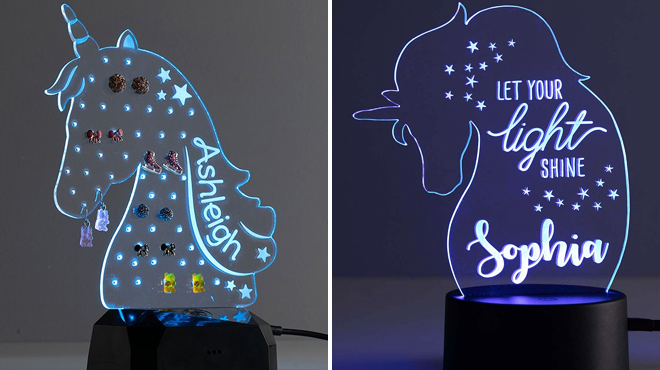 Personalized Unicorn Earring Holder LED Night Light on the Left and Unicorn Shine Night Light on the Right