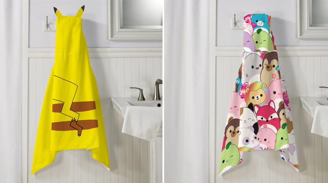 Pokemon Pikachu Kids Cotton Hooded Towel on the left and Squishmallows Kids Cotton Hooded Towel on the right