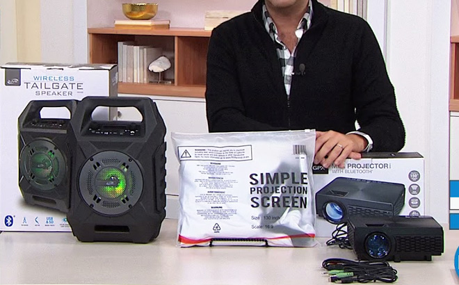 GPX Portable Projector with 120-Inch Screen & Speaker