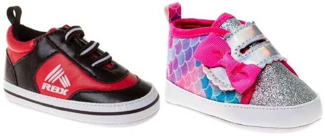 RBX Black Red Color Block Sneaker for Boys on the Left side and Laura Ashley Silver Pink Mermaid Scale Bow Accent Sneaker for Girls on the Right Side