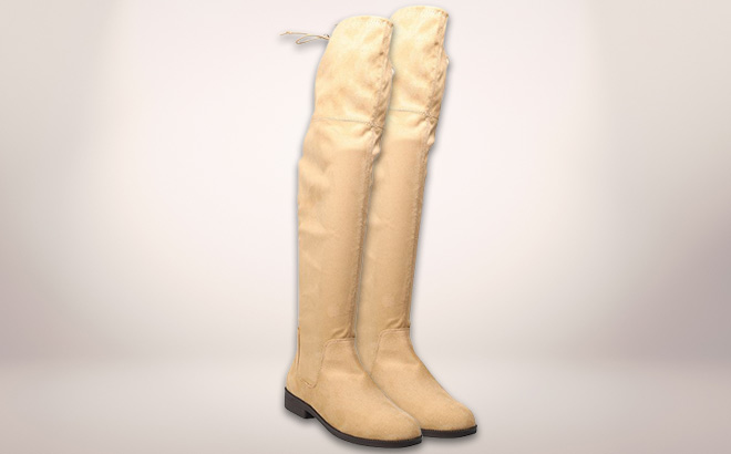 SO English Muffin Womens Thigh High Boots in Tan Color on a Neutral Background