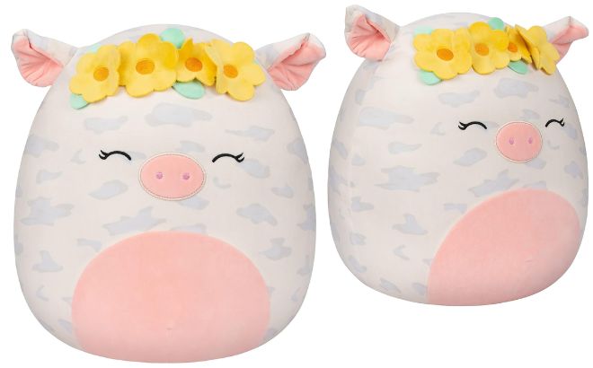 Squishmallows 16 Inch Rosie Spotted Pig with Yellow Flower Crown on a Plain Background